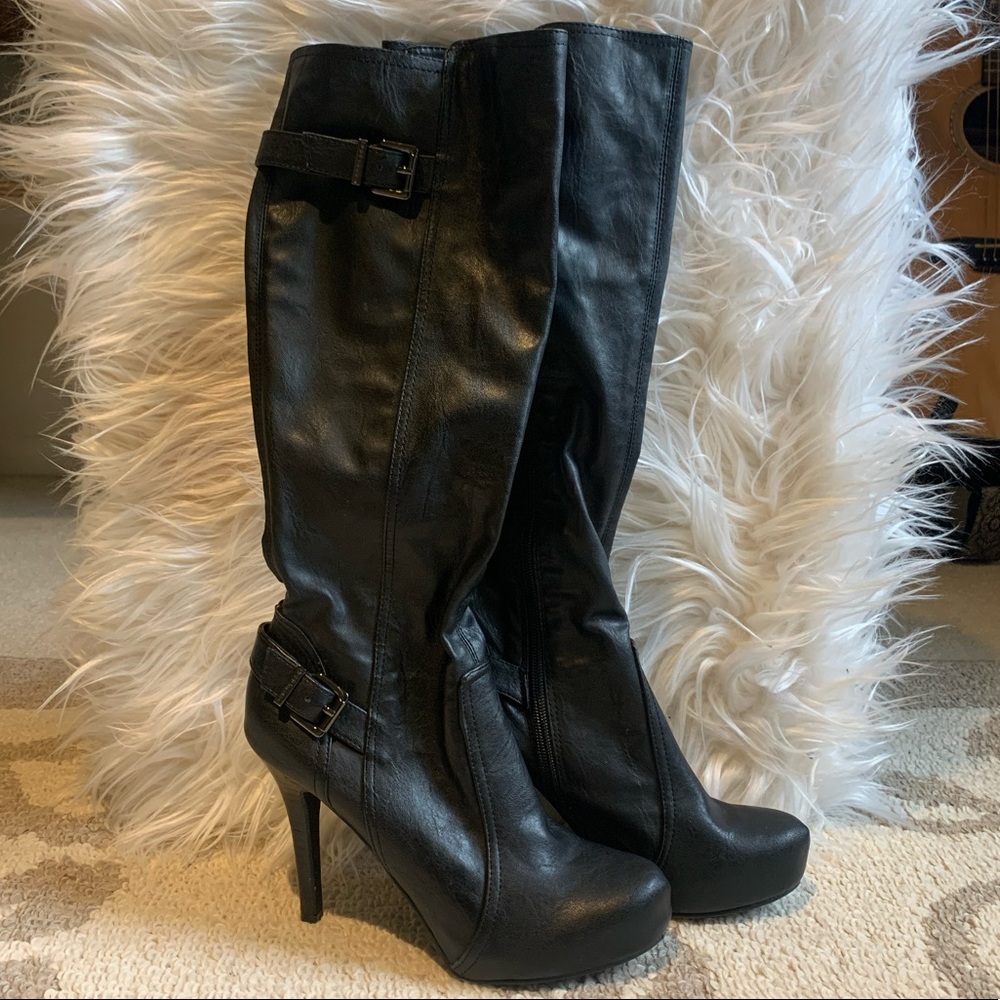 BCBG Tall Black Leather Platform Heeled Boots